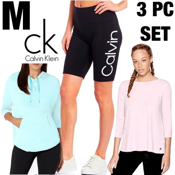 3 PC CALVIN KLEIN SET Quater Sleeve Top + Hoodie + Logo Shorts MEDIUM - Picture 1 of 16